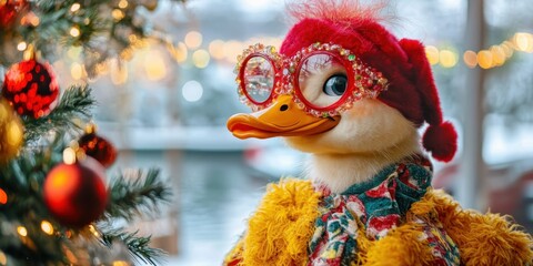 Festive Duck Portrait: A charming duck character, adorned in Christmas attire, gazes serenely, embodying the spirit of the holiday season with a playful and heartwarming scene.