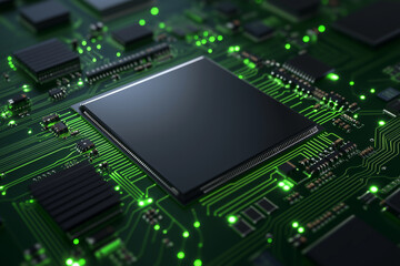 Close-up of an advanced microchip on a glowing green circuit board, symbolizing modern computing, AI, data processing, and high-tech innovation.  
