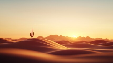 Sunset over desert landscape with rippling dunes and a lone cactus standing tall