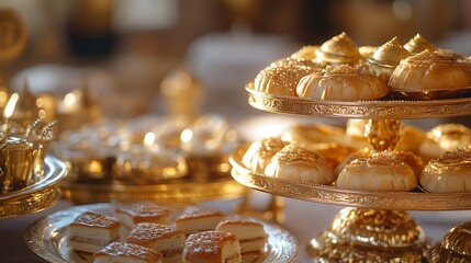 Elegant Gold Dessert Table with Assorted Pastries and Sweet Treats