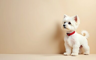White terrier puppy in red collar stands on beige background with copy space