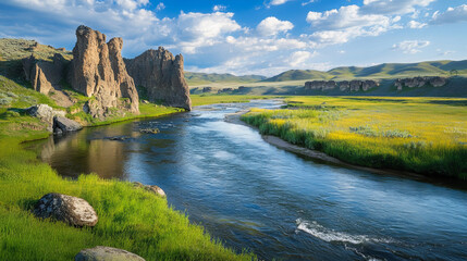 Flowing river top view. Vector background of nature landscape with blue water stream, green grass and rocks. Illustration of summer scene with brook flow on field with stones