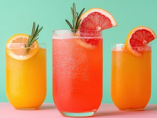 three refreshing cocktails, garnished with citrus fruits and rosemary sprigs.