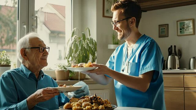 A caregiver brings a plate of food to an elderly man, creating a warm atmosphere in a cozy kitchen with plants and sunlight