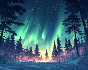 Naklejka premium Northern Lights Forest Winter Night