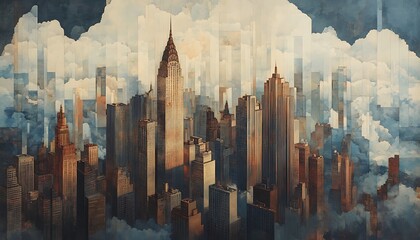 Cityscape, clouds, aerial view, sunrise, art