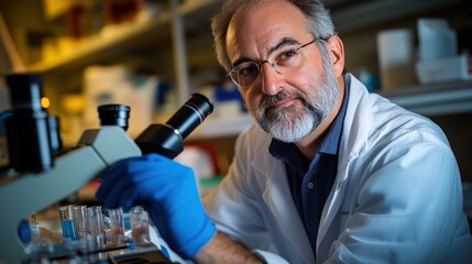 Scientist lab microscope research focus portrait