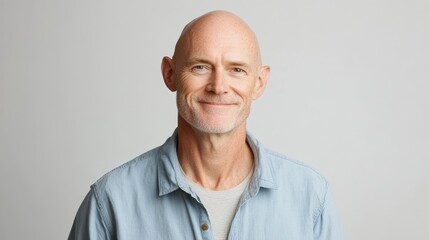 Obraz premium Smiling bald man, Clean shaven face, Casual light blue shirt, Bright background