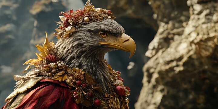 Majestic Eagle: A regal eagle with a crown-like adornment, exuding an air of authority and wisdom, observes with piercing eyes, set against a dramatic backdrop.