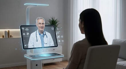 Asian woman having online medical consultation with caucasian male doctor through holographic screen projection. Telemedicine and virtual healthcare technology concept with copy space