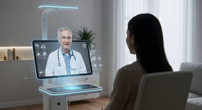 Asian woman having online medical consultation with caucasian male doctor through holographic screen projection. Telemedicine and virtual healthcare technology concept with copy space