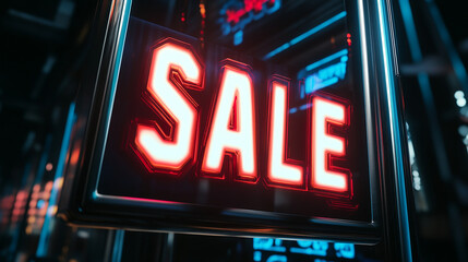 A digital screen displaying the word SALE in sleek font
