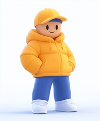 A vibrant cartoon character dons a yellow jacket and blue pants, showcasing a playful and colorful style in a close-up view.