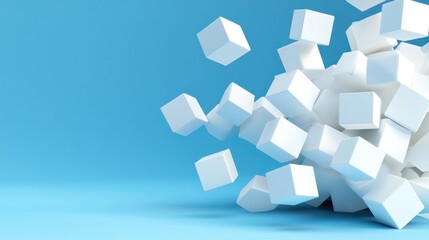Abstract white cubes exploding on blue background.