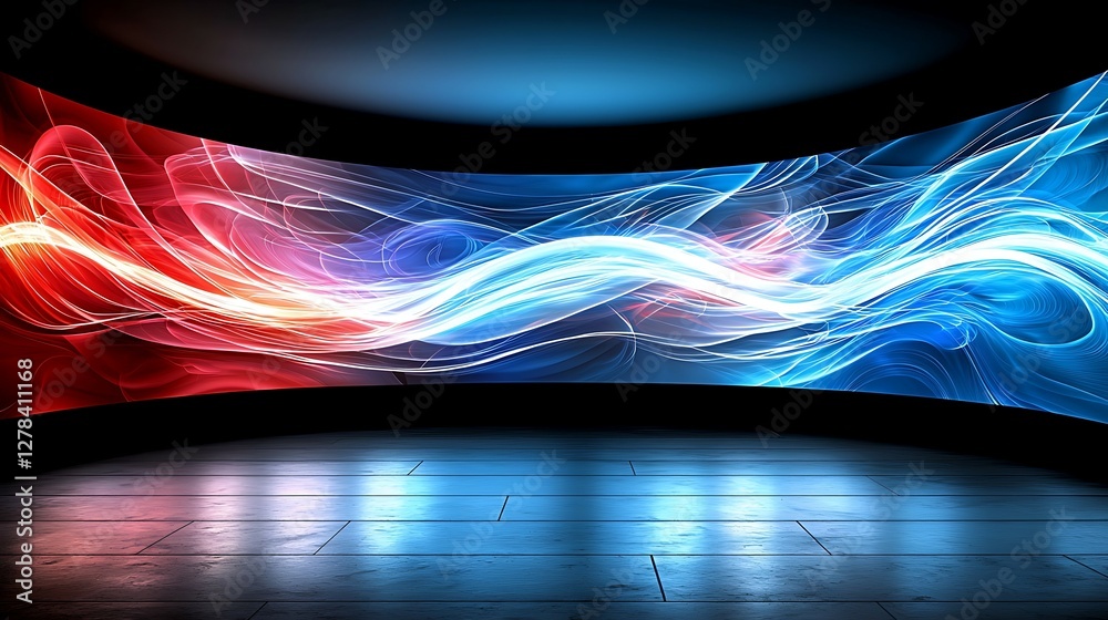 Wall mural a vibrant, curved display features swirling red and blue light patterns against a dark background, c