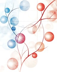 A vibrant abstract design featuring intertwined branches and circular shapes in shades of blue, pink, and red.