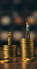 Gender pay gap inequality. Businessman and woman on a stack of coins. 
