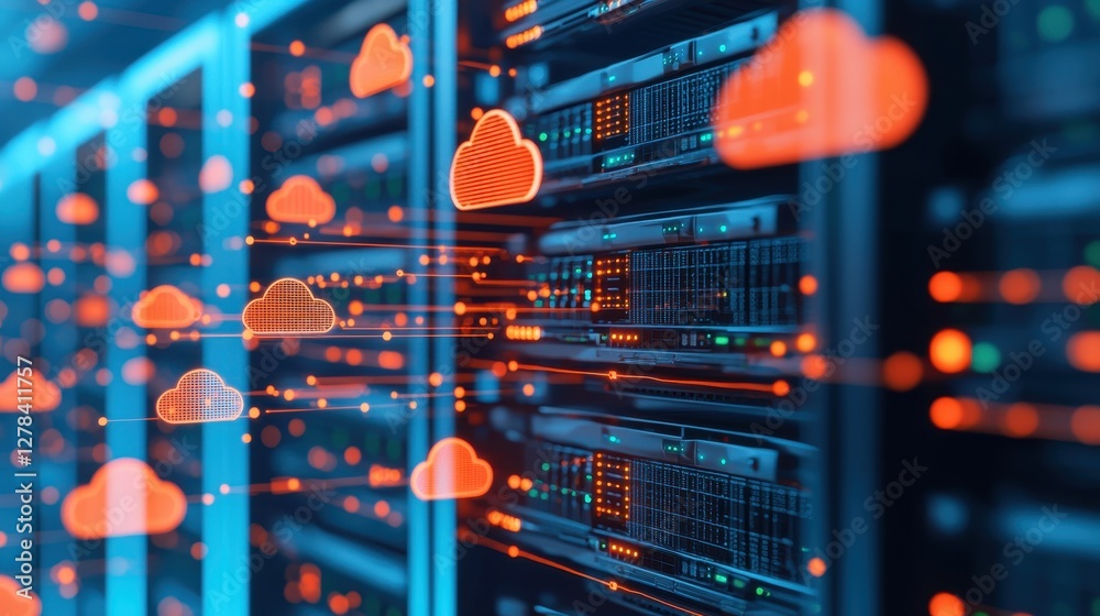 Poster a digital server room with cloud icons and data transfer visuals, symbolizing modern cloud computing
