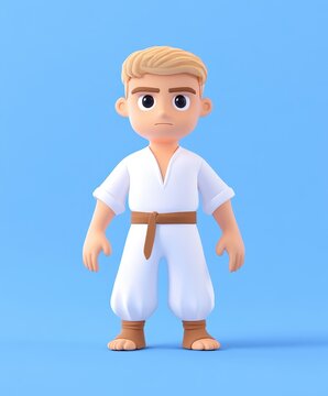 A detailed close-up of a cartoon character donned in a vibrant karate outfit, showcasing martial arts readiness and playful expression.