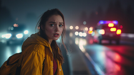 woman in yellow jacket stands in shock near highway at night