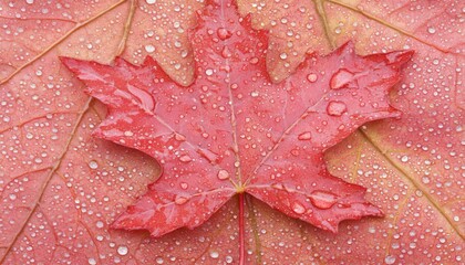 Fototapeta premium Vibrant Red Maple Leaf with Dew Drops on Autumn Leaves