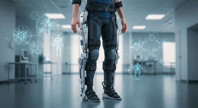 Patient wearing medical exoskeleton in hospital corridor with holographic interface displays. Robotic rehabilitation technology for mobility assistance and recovery