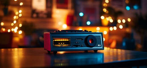 Retro boombox illuminated by bokeh lights evokes a nostalgic ambiance