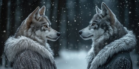 Wolves in Winter: A pair of majestic wolves stand facing each other in a snowy forest, their intense gaze locked in a moment of connection, embodying the spirit of the wild.