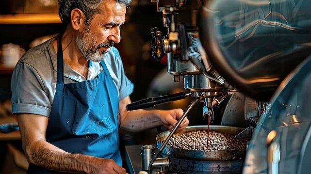 Skilled roaster prepares freshly roasted coffee beans in charming cafe, showcasing art of coffee production and dedication to quality