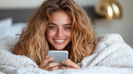 Joyful morning moments with a young woman texting on her smartphone