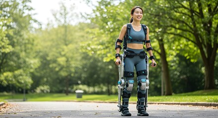 Obraz premium Asian woman wearing robotic exoskeleton in park setting demonstrating medical rehabilitation technology for mobility assistance and physical therapy training