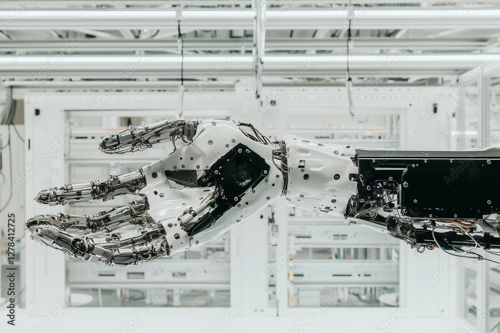 Poster dynamic side view of mechanical arm with artificial intelligence in lab