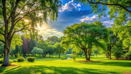 Obraz premium Beautiful landscape in the park with lush green trees, park scenery, wilderness, park scenery