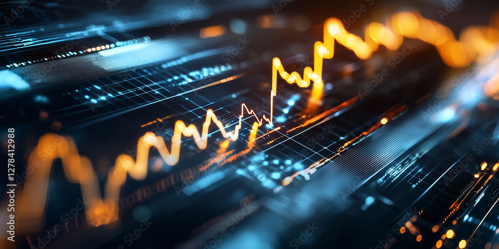 Poster glowing line graph with futuristic abstract design and digital elements