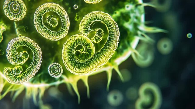 Close-up of green microscopic parasites with spiral structure in fluid environment. 4K video