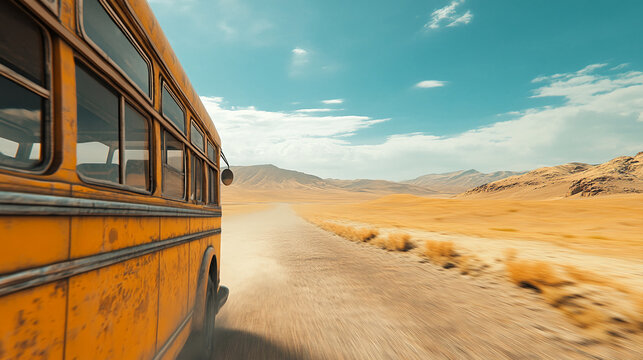 A yellow school bus driving on a dusty road through a desert-like landscape, symbolizing adventure, exploration, and a journey through vast open spaces.