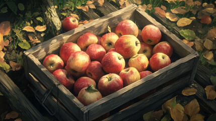 Awoodencratefullofriperedapplessitsonthegroundsurroundedbyfallenautumnleaves.