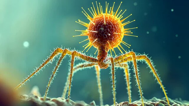 Highly detailed visualization of a bacteriophage virus with intricate structure and glowing spikes in a microscopic view. 4K video