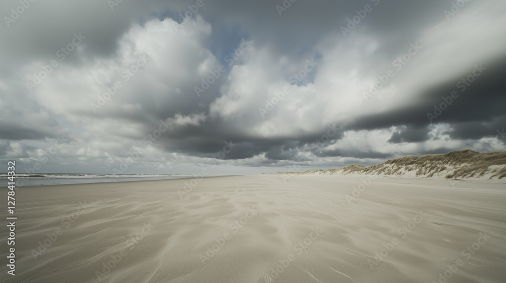 Poster wide view of sandy beach with dramatic clouds and distant dunes