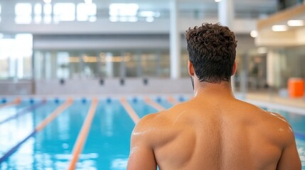 Unrecognizable athlete poised on starting block at indoor swimming pool