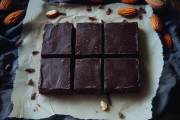 Dark Chocolate Squares with Almonds on a Rustic Surface