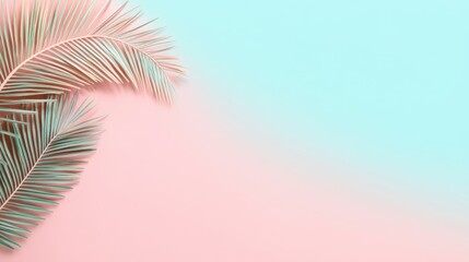 A detailed close-up of a vibrant palm leaf against a soft pink and blue background, showcasing its texture and color contrast beautifully.