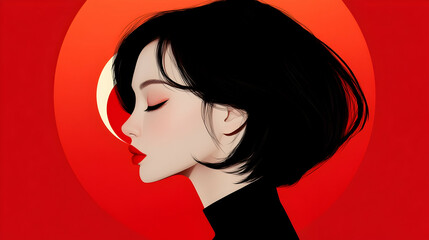 Elegant illustration of a woman's profile against a bold red backdrop, showcasing a minimalist art style with a focus on her dark bob haircut and red lipstick.