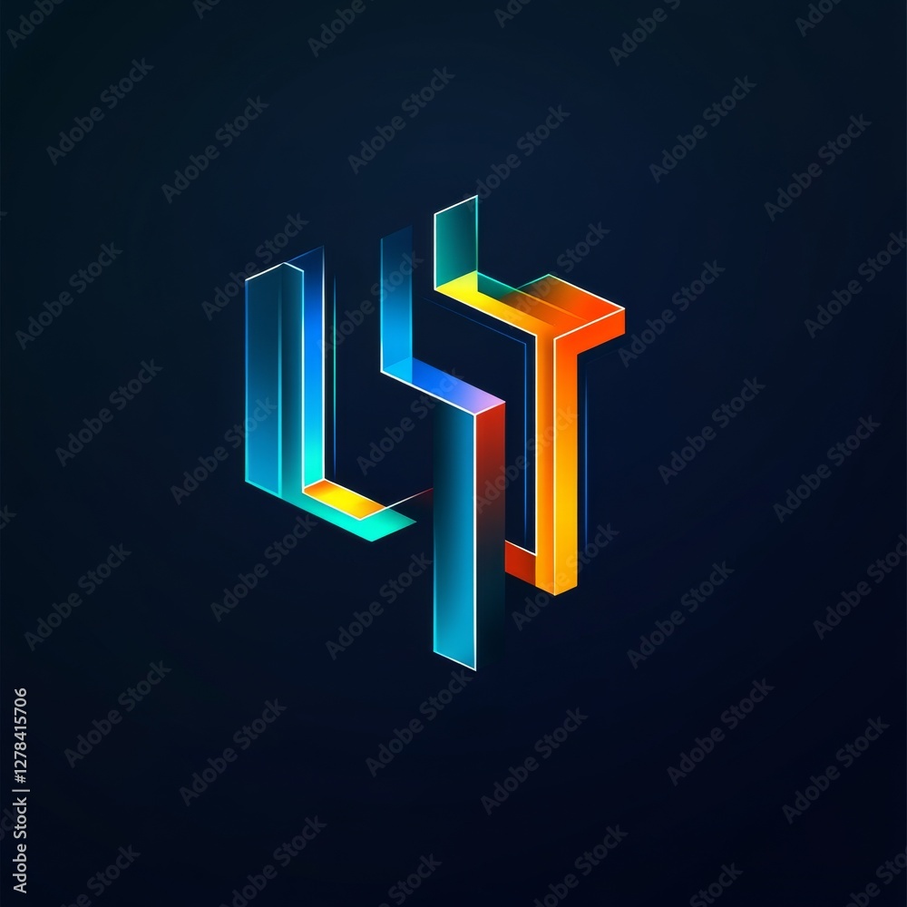 Aufkleber abstract geometric shape with neon gradient lines on dark background - digital art