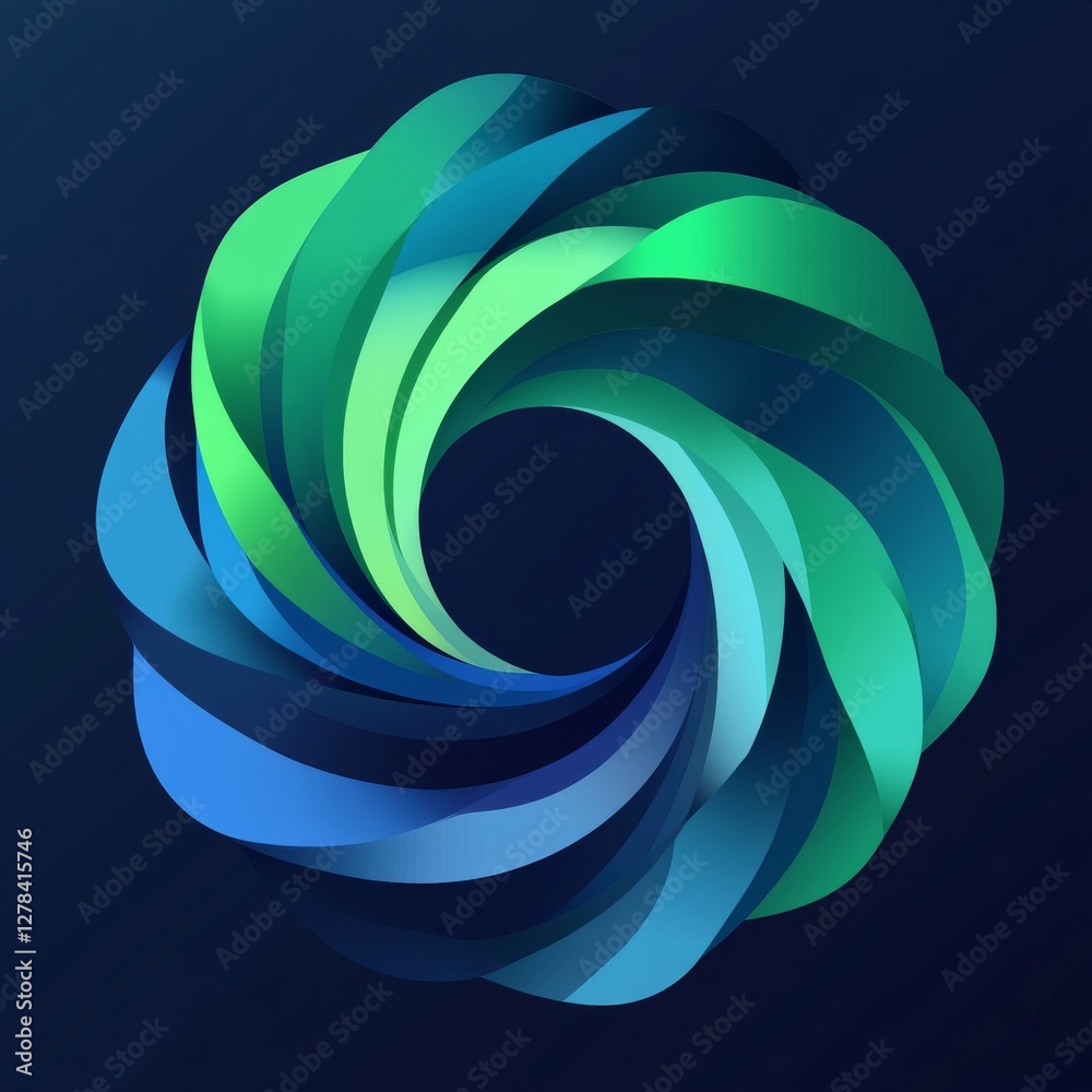 Leinwandbilder abstract gradient vortex: a dynamic circle of curved bands in blue and green against dark background