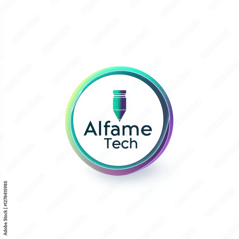 Poster Abstract Logo Design for Alfame Tech with Pencil Icon and Gradient Circle Border on a White Backdrop