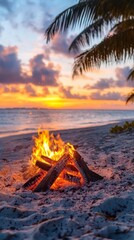 Fototapeta premium Beach Sunset with a Cozy Campfire