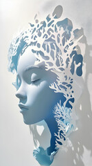 Serene paper sculpture of a woman's face adorned with delicate, intricately cut coral-like designs, creating a calming and artistic visual.