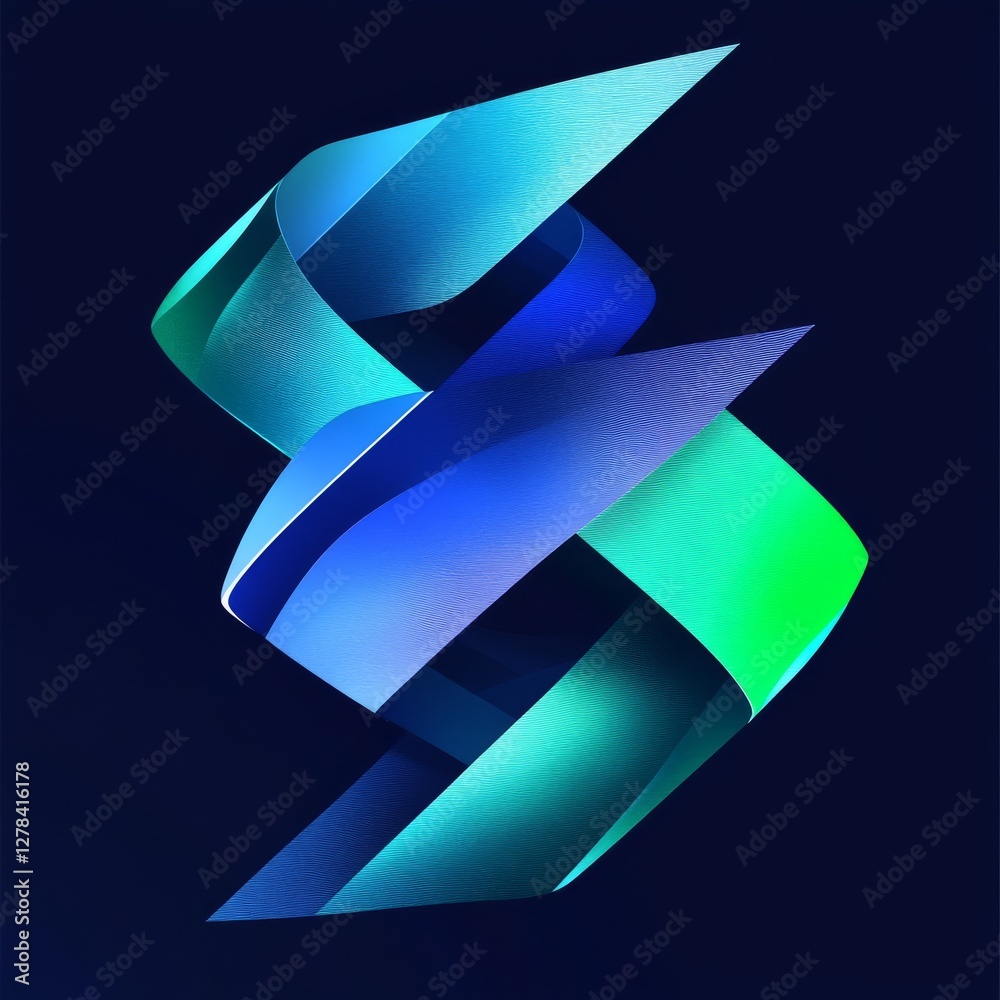 Poster Abstract Ribbon Swirl: A Dynamic Composition of Intertwined Blues and Greens on a Dark Background, Evoking Movement and Modern Design.
