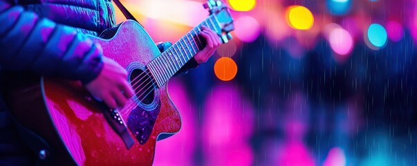 Obraz premium Guitarist plays in city rain, colorful lights blur